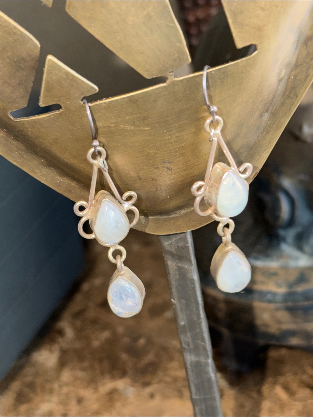 Artisan rainbow Moonstone Double Teardrop Dangle Earrings sterling silver